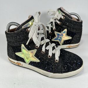 Skechers Girls Black Glitter Star High Top Sneakers - Size US 4 - Pink Lining